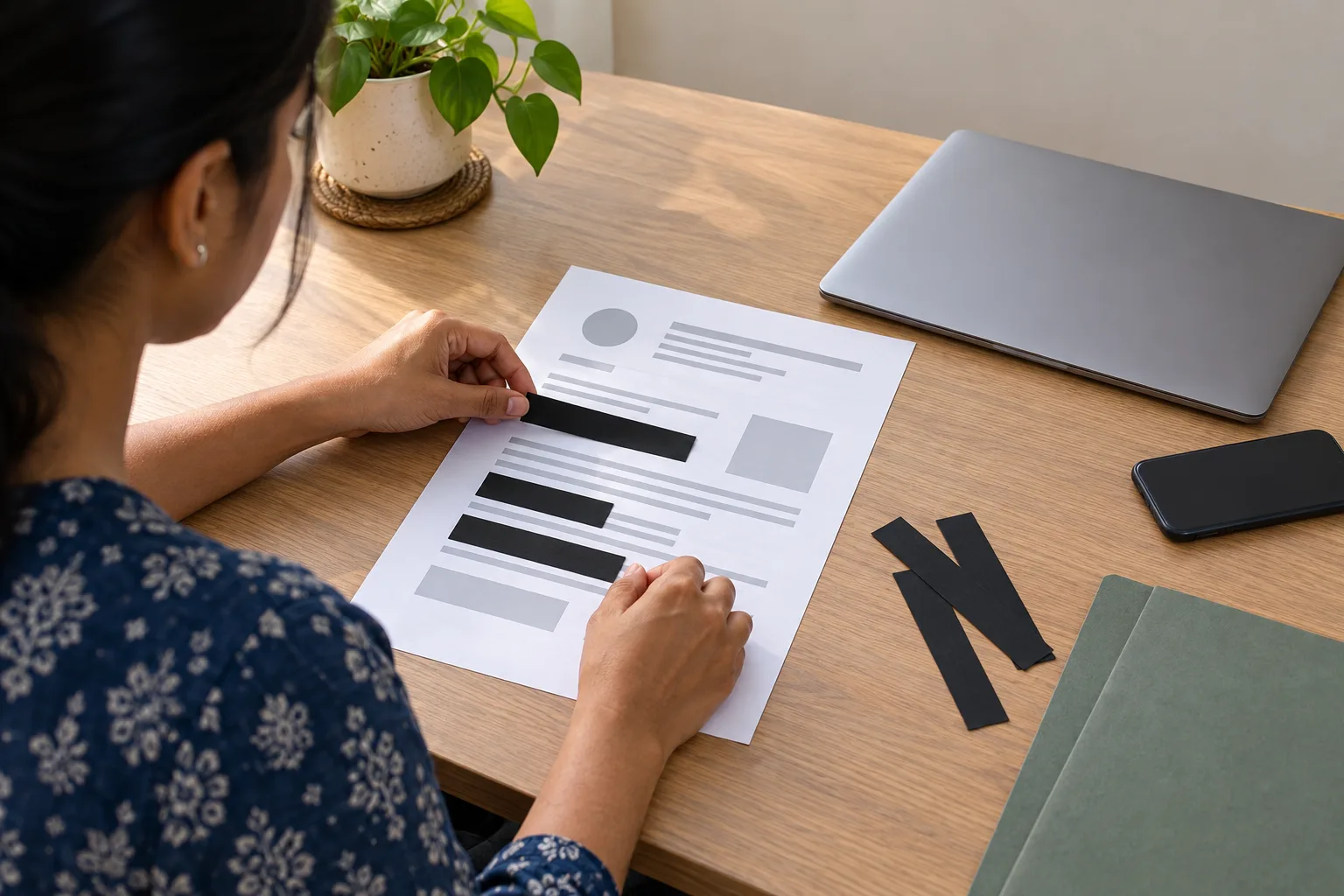 A person covers sensitive fields on a generic document before sharing